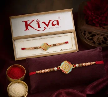 Golden Swastik AD Stone Rakhi with Turquoise-Red Meenakari and Pearl Beads