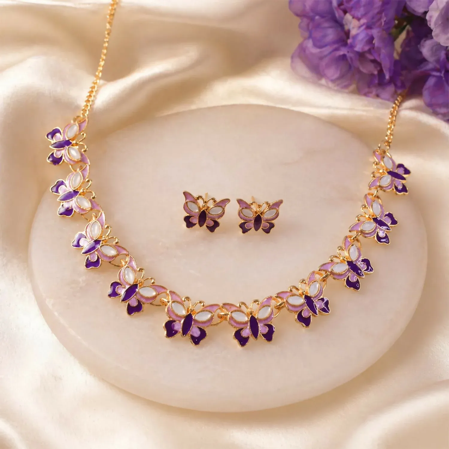 Purple Butterfly Necklace Set – Elegant Gold-Plated Jewellery for Women - Detailed Feature View 2