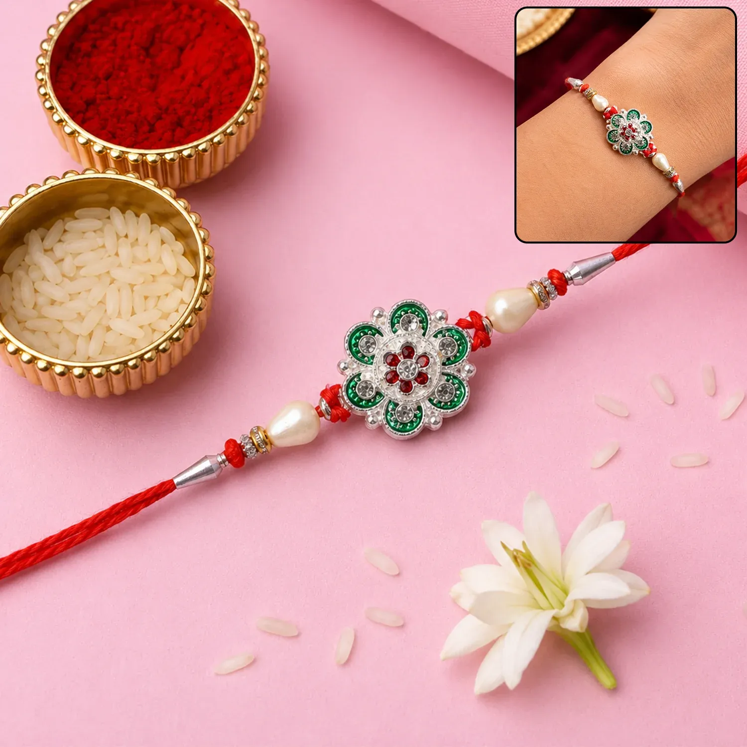 Premium Green Flower Rakhi Elegant Pearl Thread for Raksha Bandhan Festivities - Buy Online at Alikart