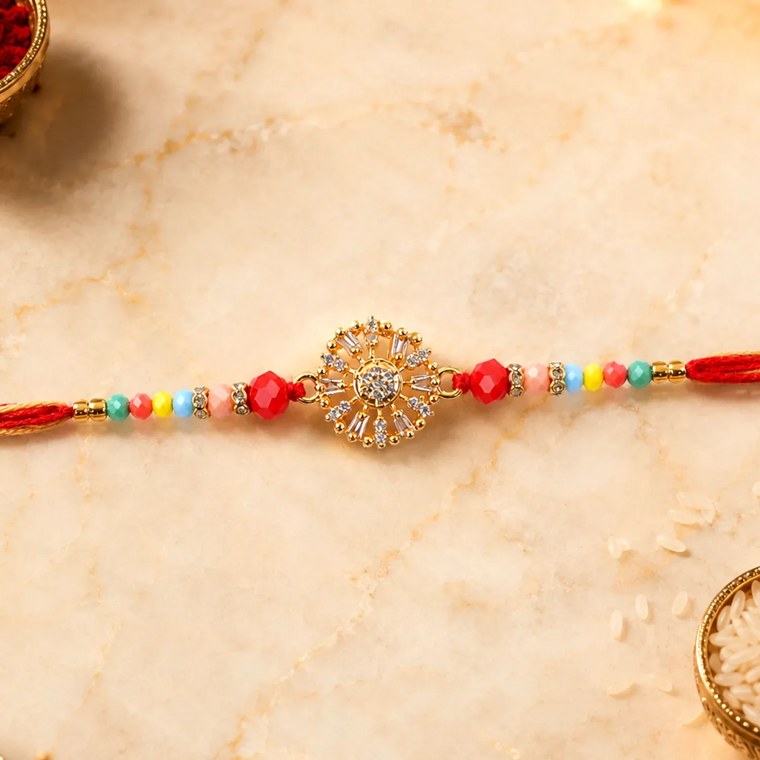Sparkling AD Sunflower Designer Rakhi for Brother, Multicolour Beads - Detailed Feature View 2