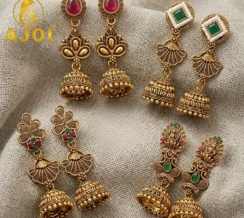 Antique Temple Gold Jhumka Earrings – Intricate Floral Design, Festive Wear