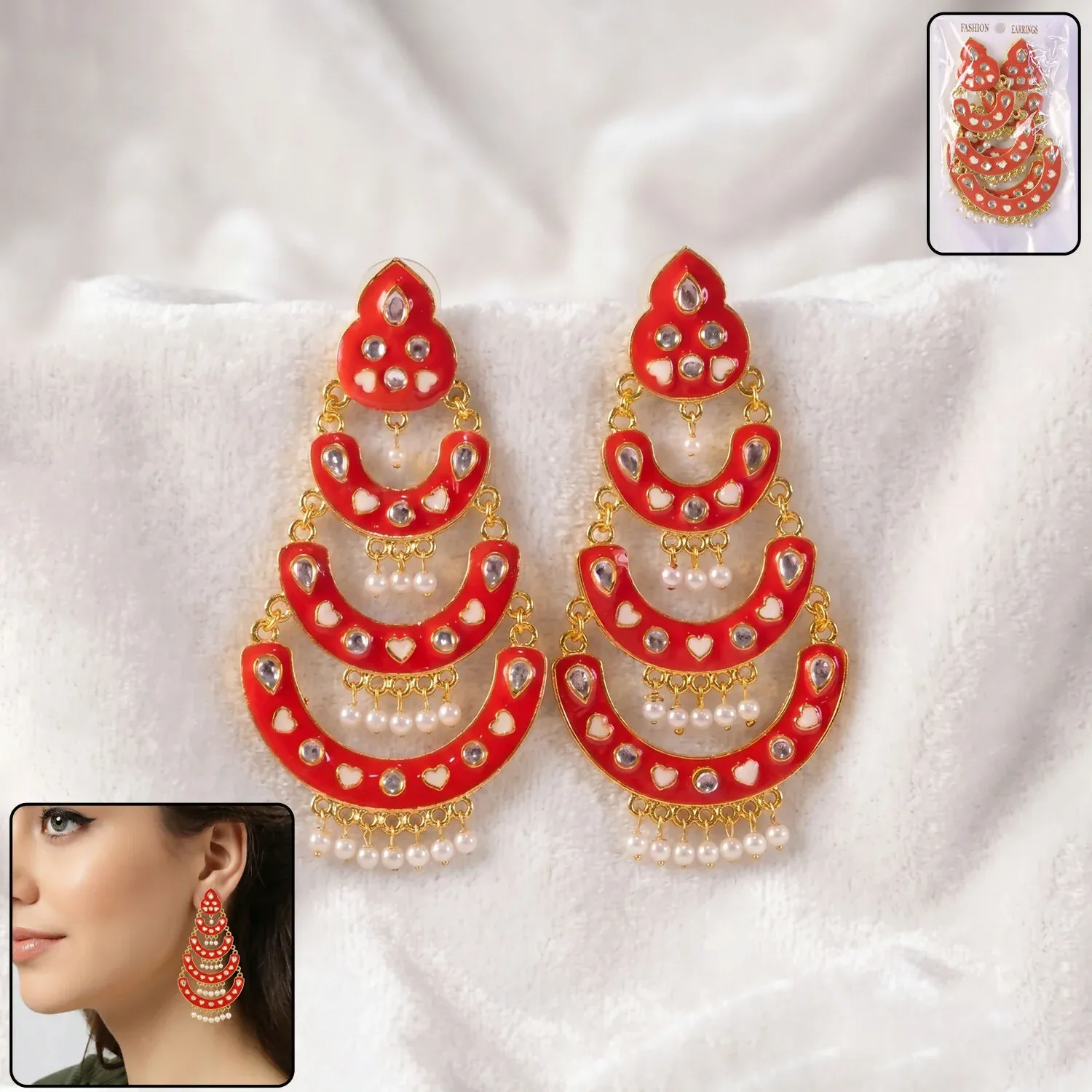 Premium Peach Layered Chandbali Earrings – Elegant Pearl Detailing for Women - Buy Online at Alikart