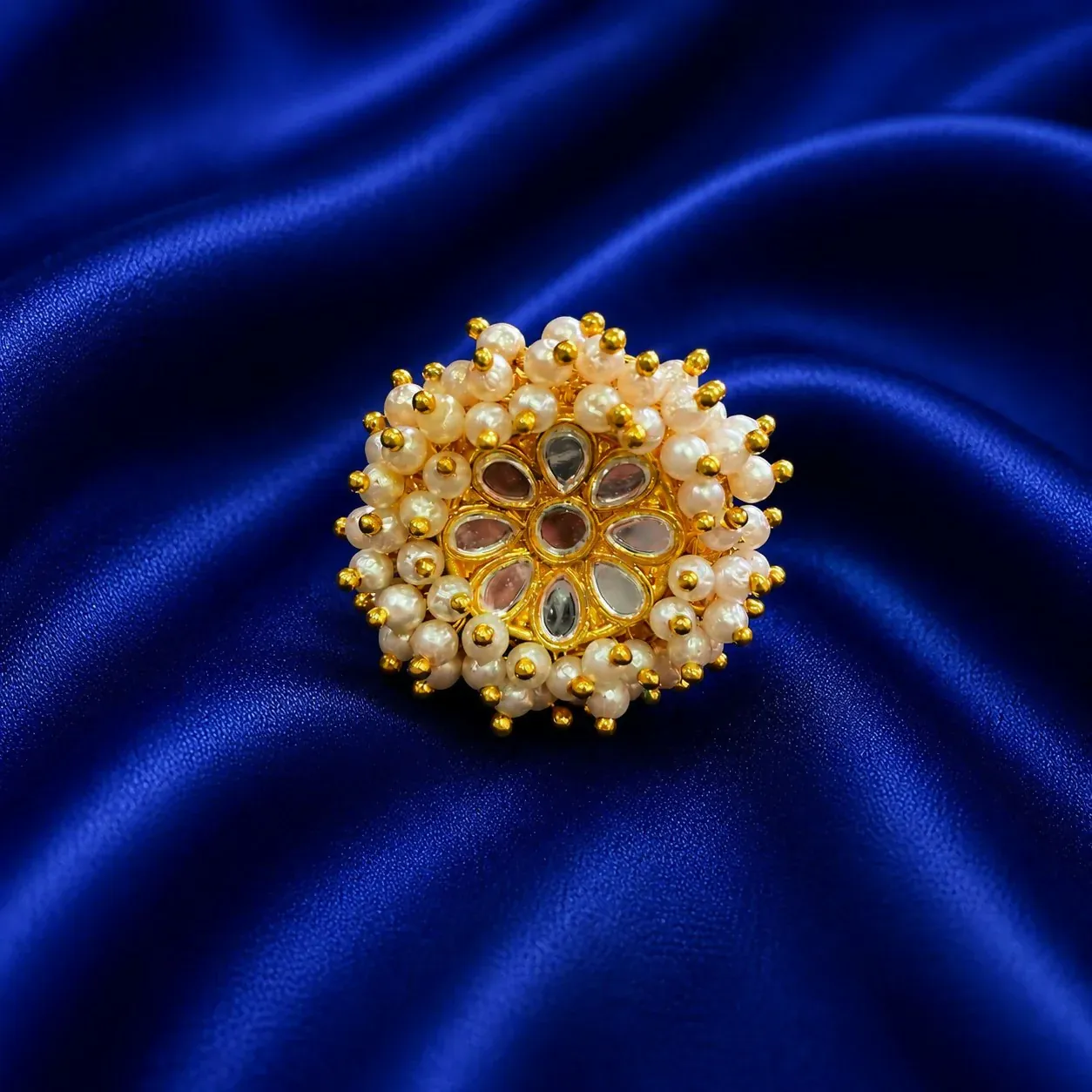 Pearl Kundan Floral Statement Ring – Elegant Gold Plated Finish - Detailed Feature View 2