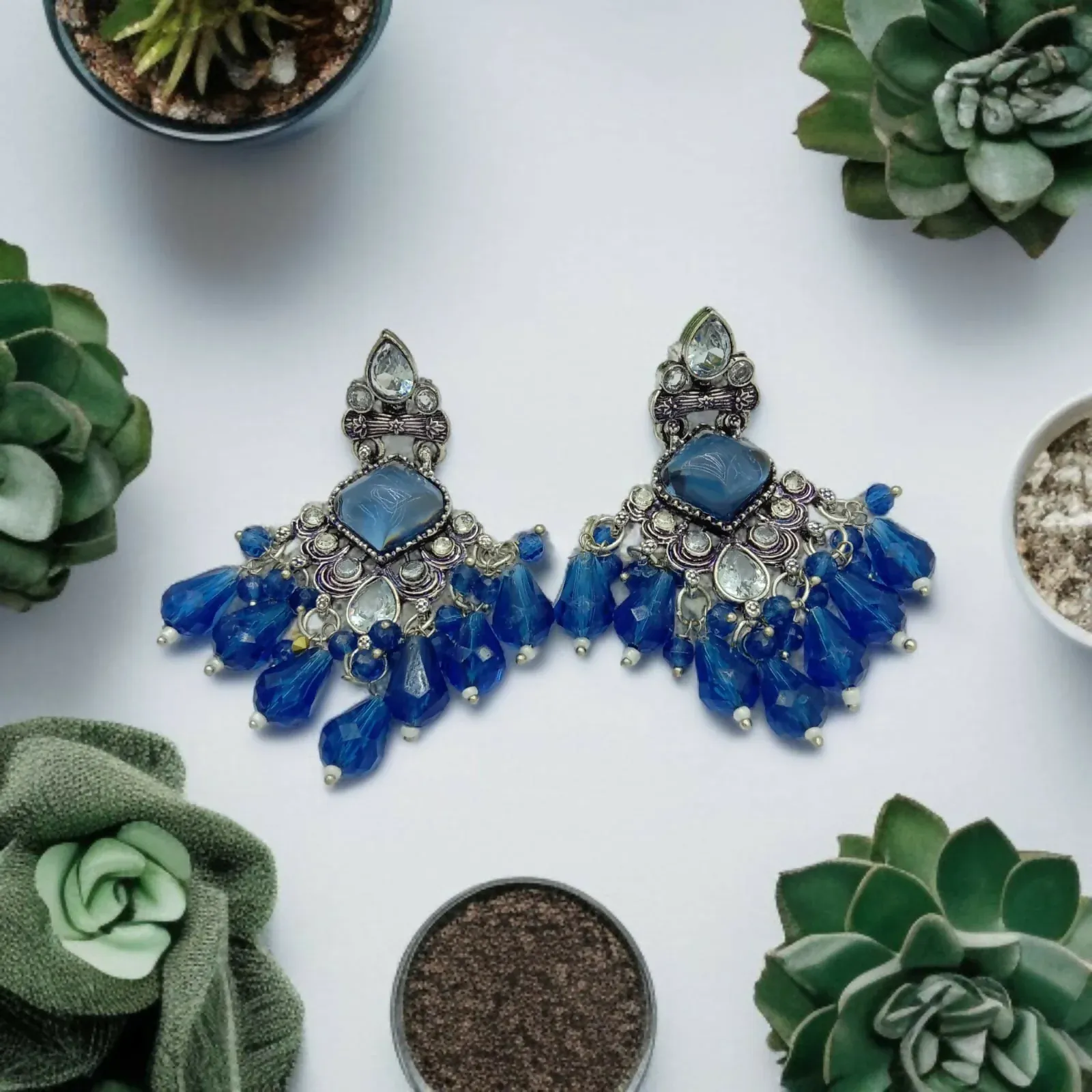 German Silver Earrings – Oxidised Blue Pearl Design - Detailed Feature View 2