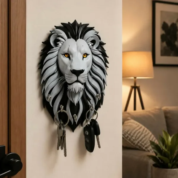 Lion Face Wooden Key Holder – Elegant Wall-Mounted Organizer