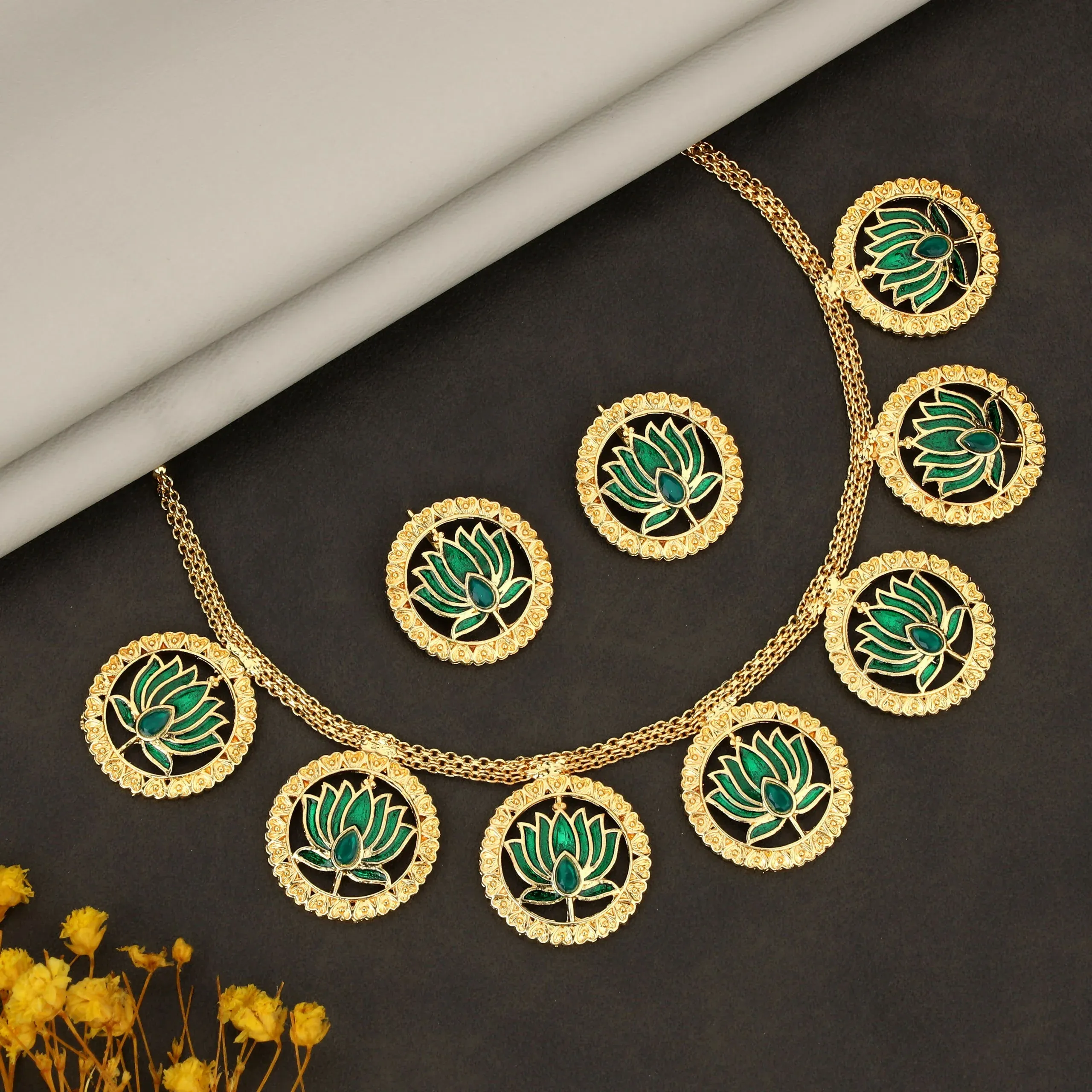 Premium Floral Ruby-Green Choker – Gold-Tone with Pearl Drops - Buy Online at Alikart