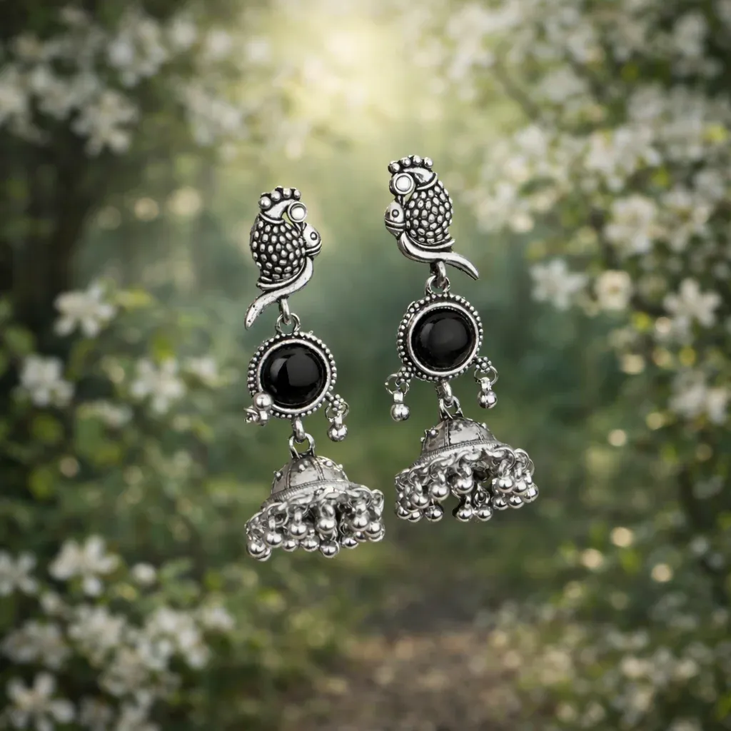 Owl Jhumka Earrings – Oxidized Silver with Black Stone Accent - Detailed Feature View 1