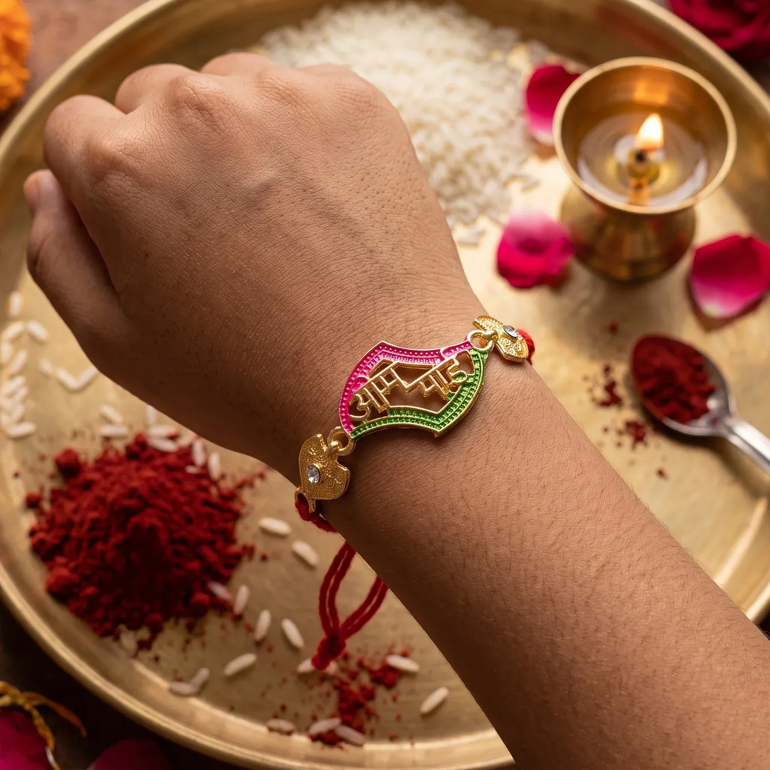 Om Saai Text Premium Stone Studded Designer Rakhi for Brother - Detailed Feature View 3