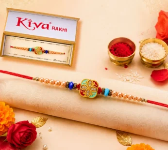Royal Turquoise Meenakari Floral Rakhi for Brother with Pearls & Beads