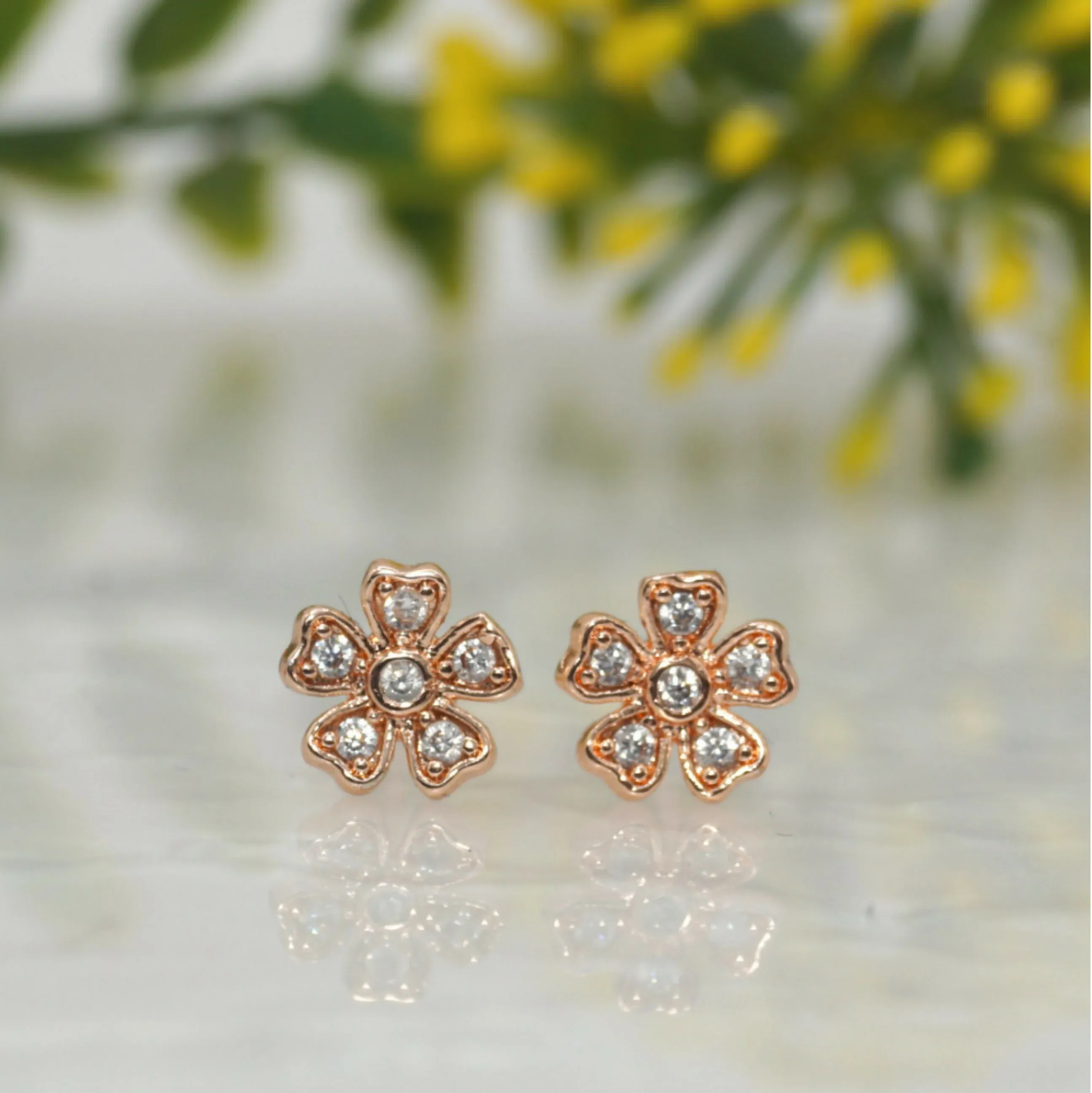 Premium Rose Gold Flower Stud Earrings – Sparkling Cubic Zirconia Bloom - Buy Online at Alikart