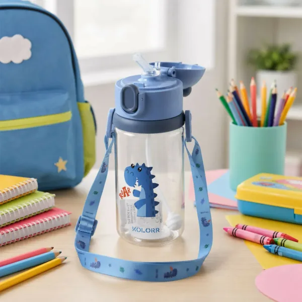 KOLORR Kids Cartoon Sipper Water Bottle with Straw & Carry Strap (610ML)
