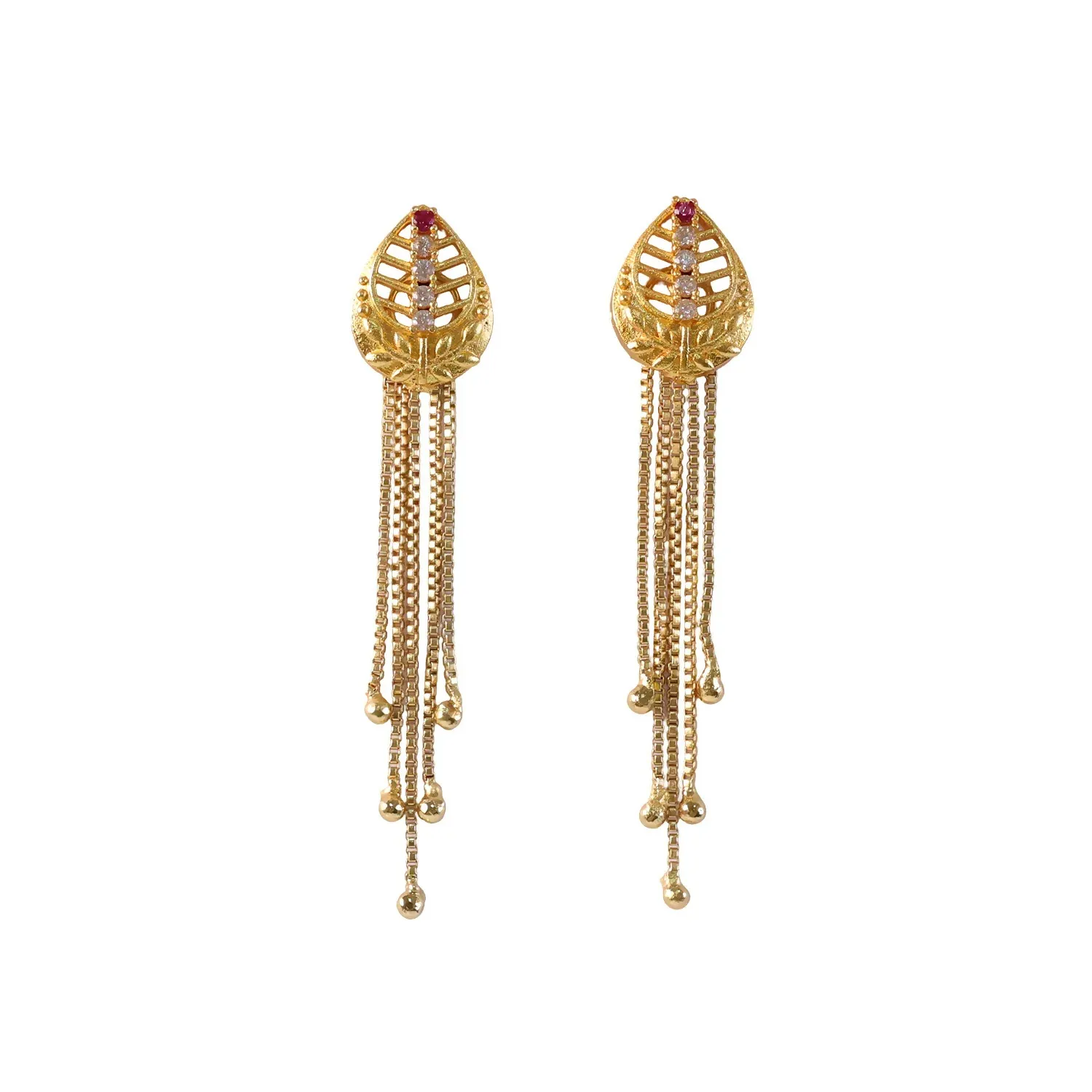 Gold Leaf-Shaped Dangle Earrings, Multi-Strand Chain Tassels & Grad... - Detailed Feature View 4
