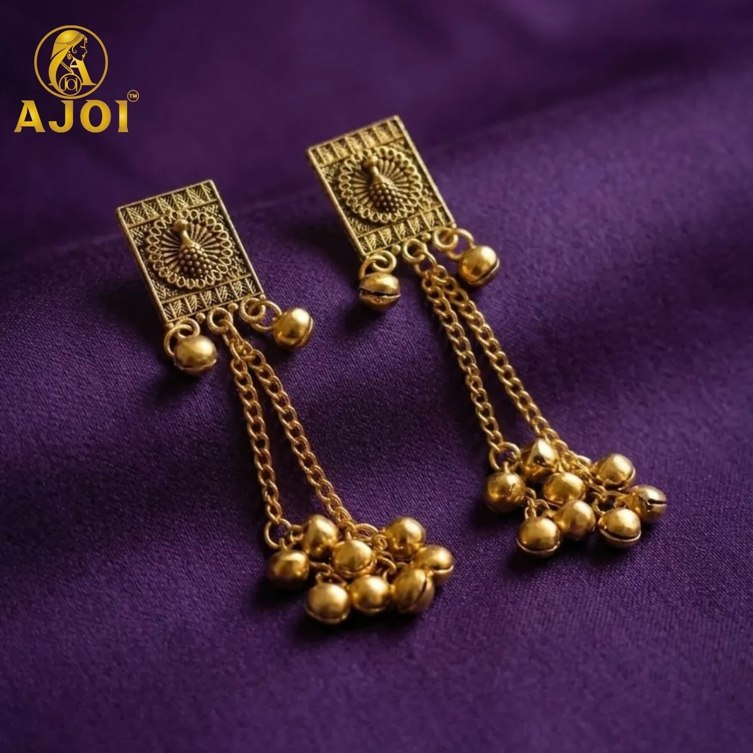 Premium Antique Gold Rectangular Drop Earrings – Ethnic Style with Intricate Detailing - Buy Online at Alikart