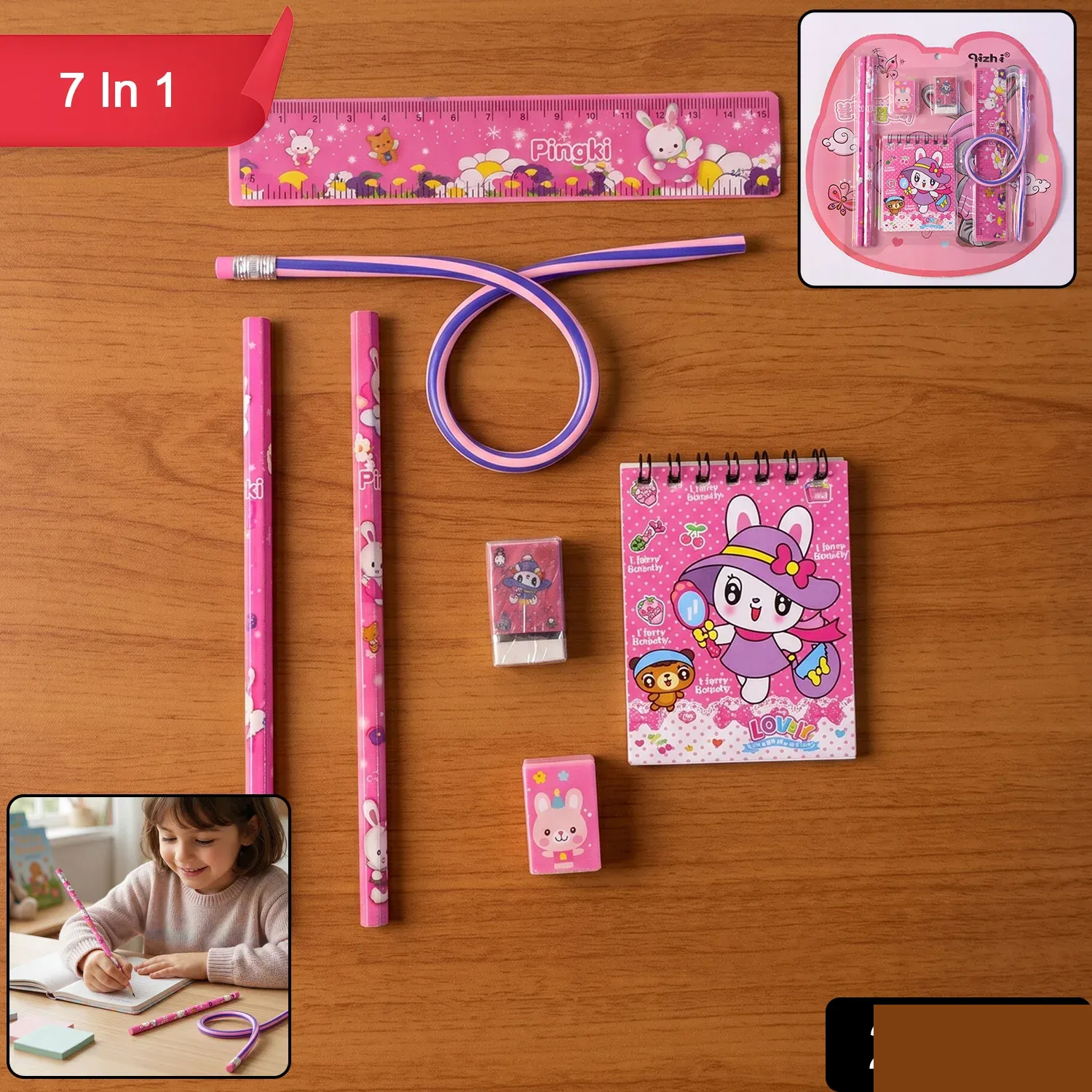 Kids Stationery Set – 7-in-1 Cute Pink Gift Pack for Girls - Detailed Feature View 1