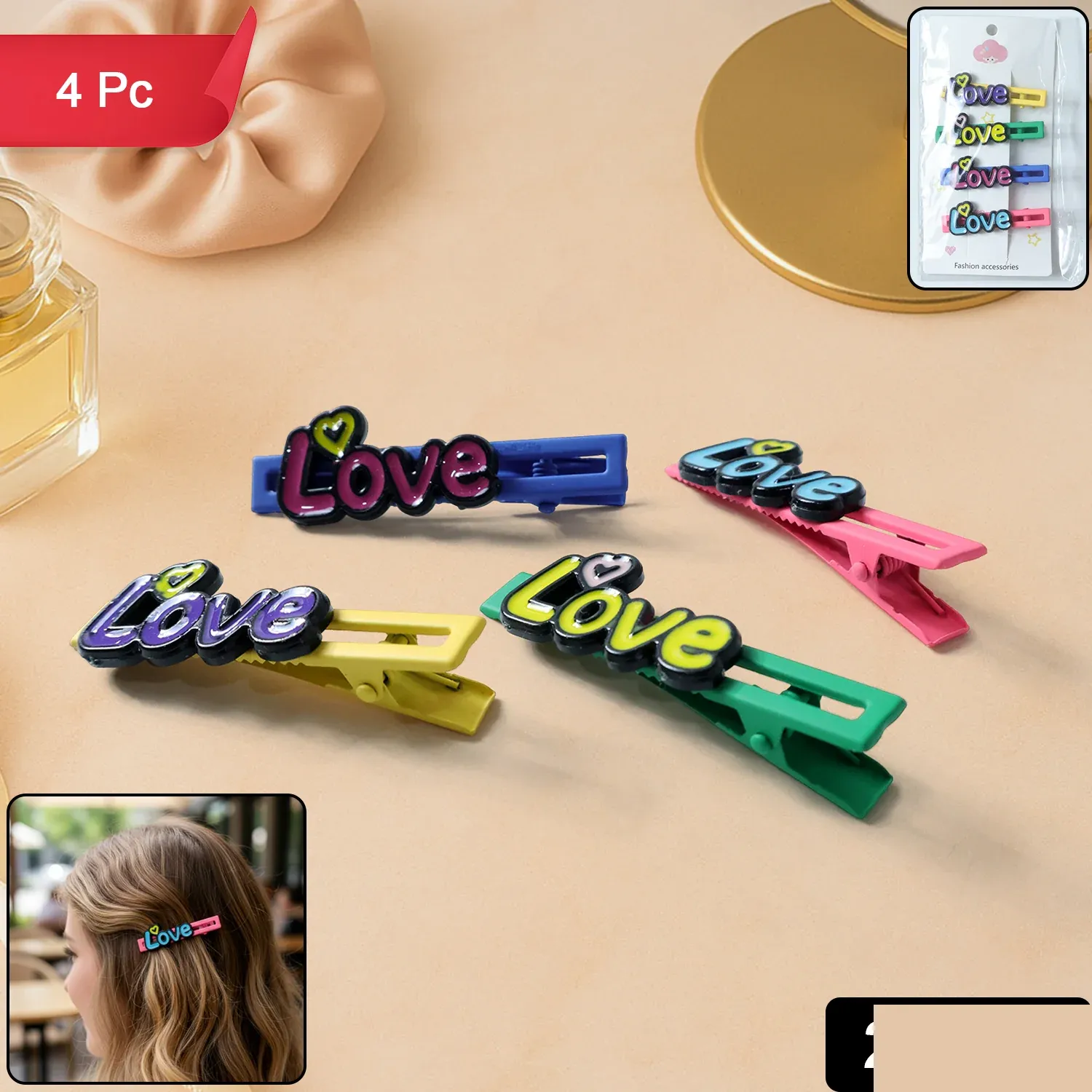 Decorative Hair Clip Set – Stylish Text Design, Pack of 4 - Detailed Feature View 1