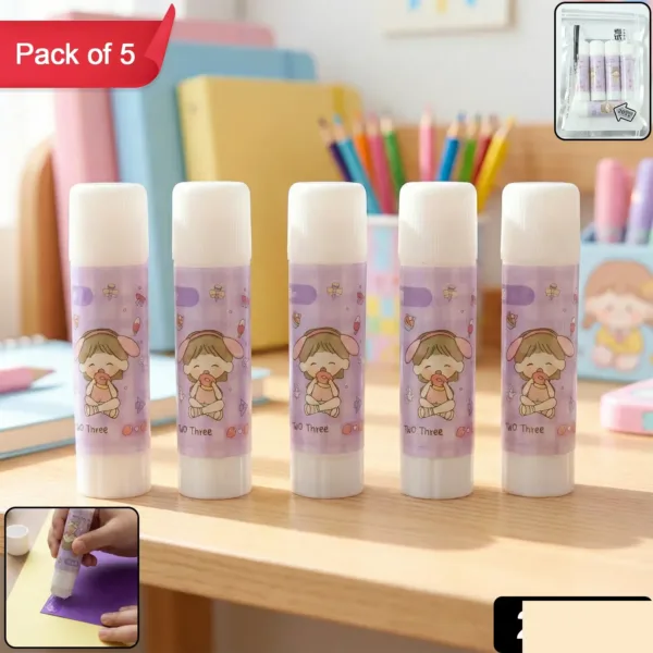 Solid Glue Stick Pack of 5 – Cartoon Design, Mess-Free Adhesive
