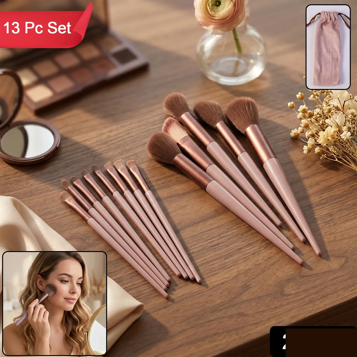 Professional Makeup Brush Set – Complete 13-Piece Collection with Pouch - Detailed Feature View 1