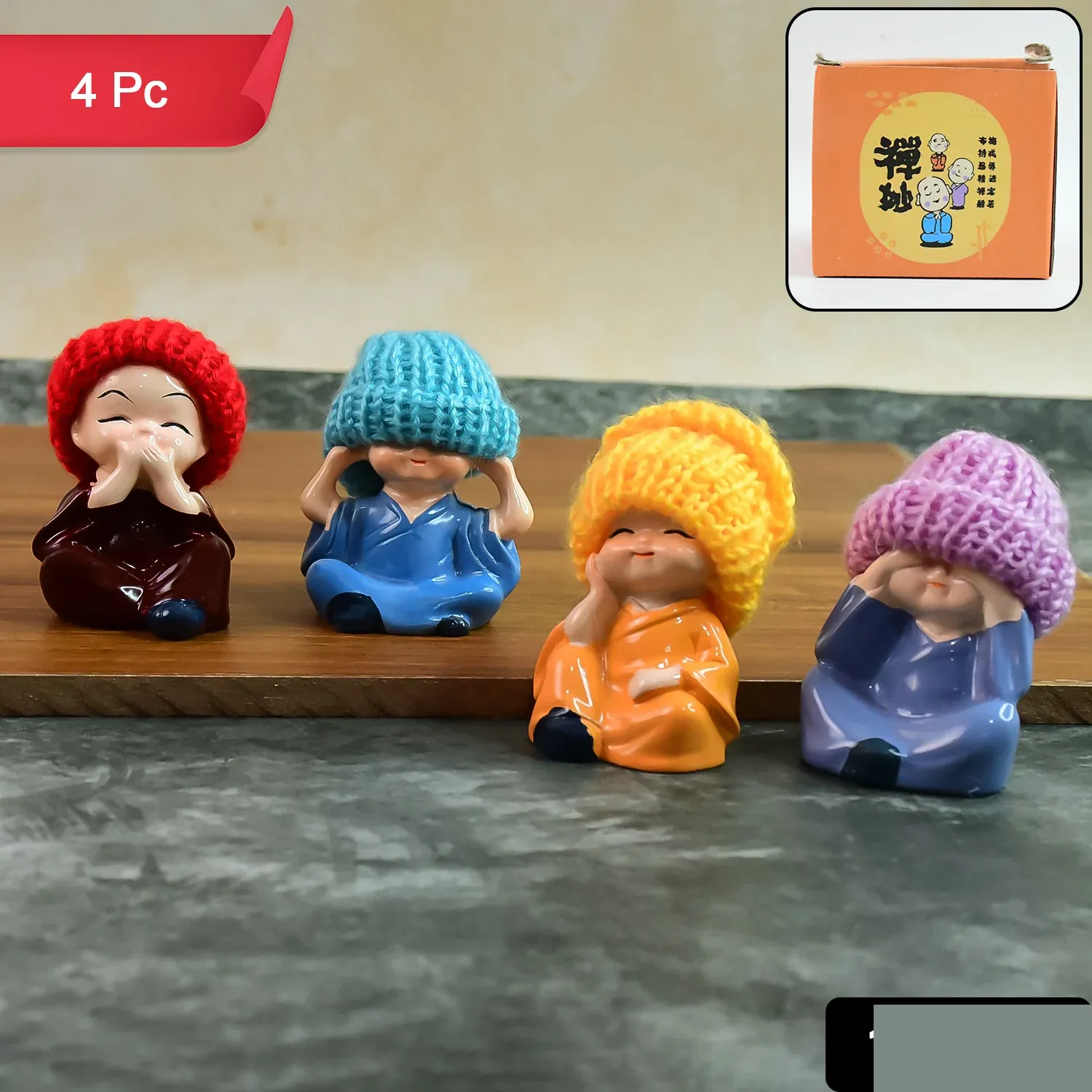 Resin Monk Buddha Showpiece Set of 4 – Spiritual Home Decor - Detailed Feature View 1