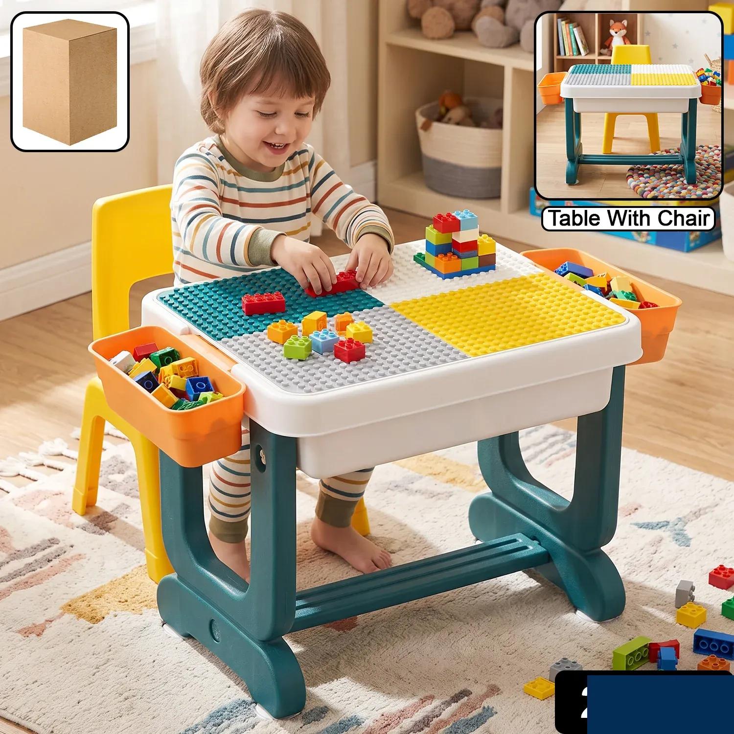 Kids Building Block Activity Table and Chair Set with Storage Bins (2 Pc Set) - Detailed Feature View 1