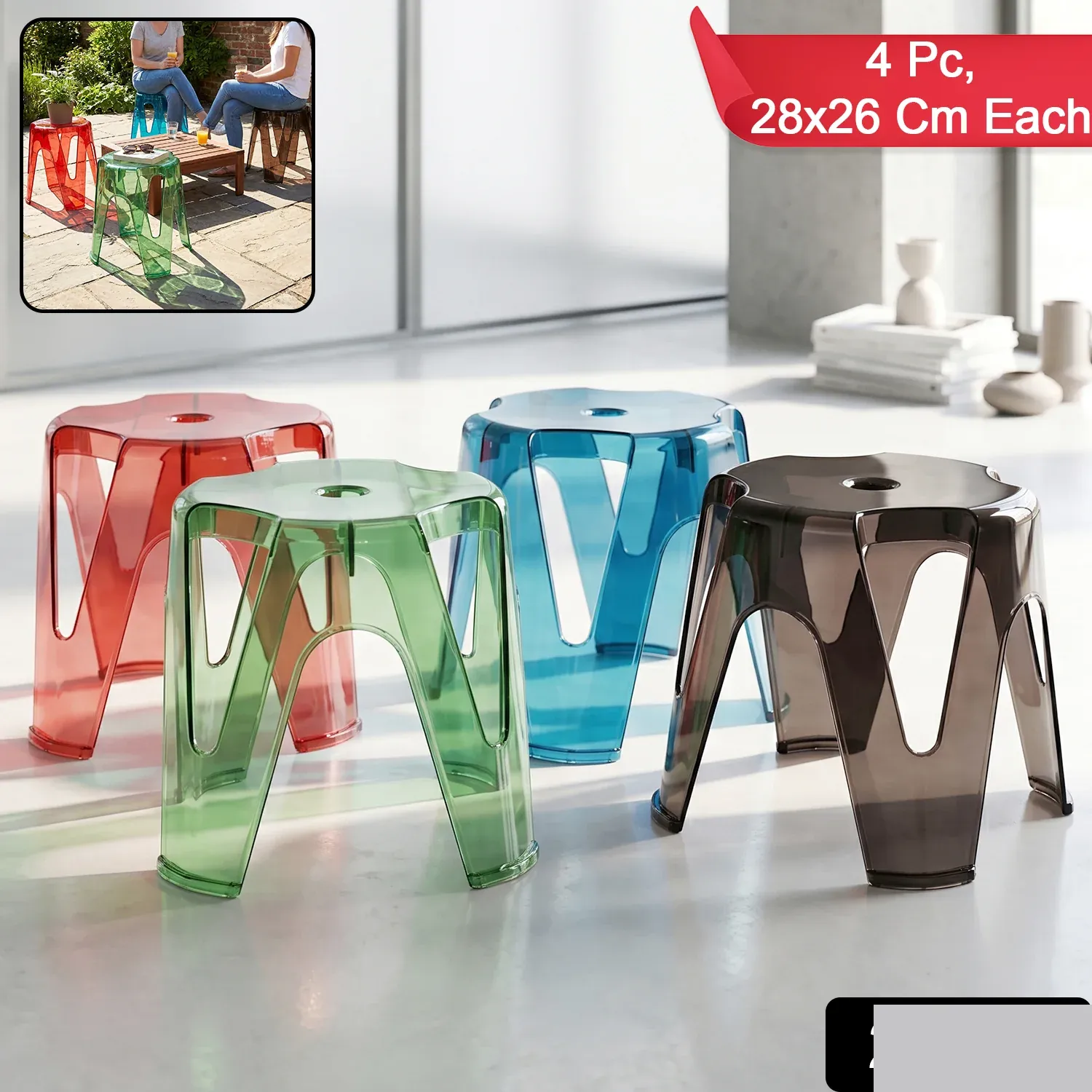 Transparent Plastic Stool Set – Indoor Outdoor Stackable 4 Pc - Detailed Feature View 1