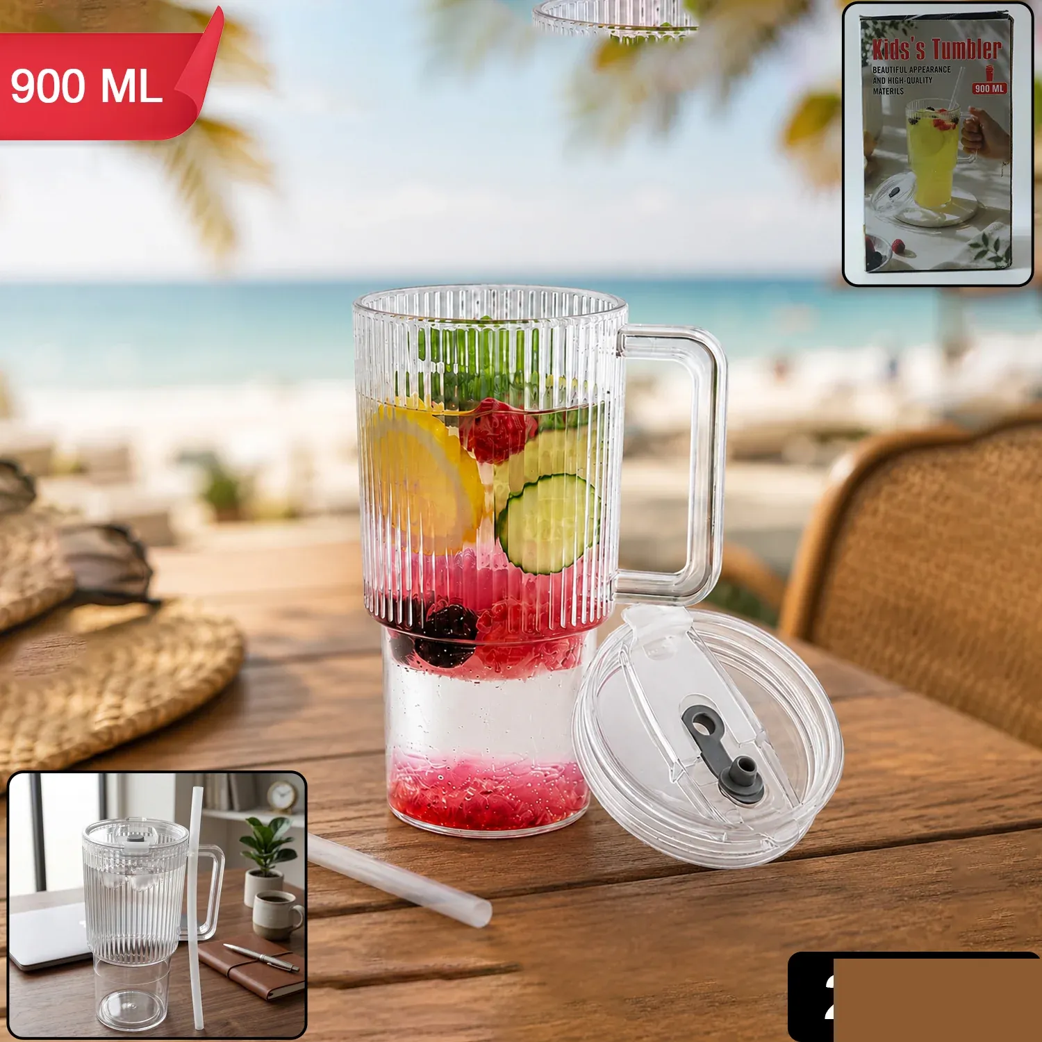 Kids Tumbler 900ml with Handle Lid and Straw Ribbed Water Sipper Cu... - Detailed Feature View 1
