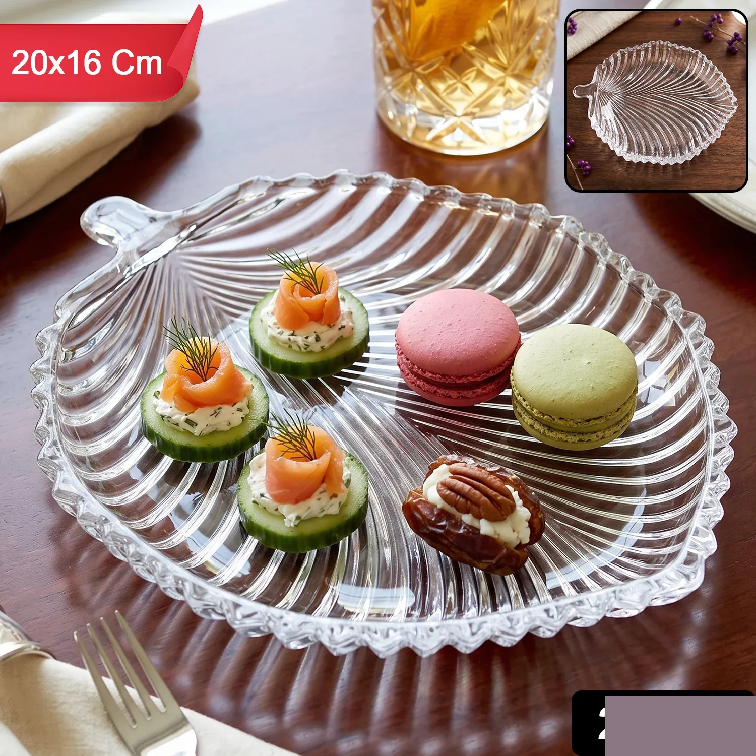 Leaf Shape Glass Serving Tray 20 x 16 cm Platter for Snacks and Dessert (1 Pc) - Detailed Feature View 1