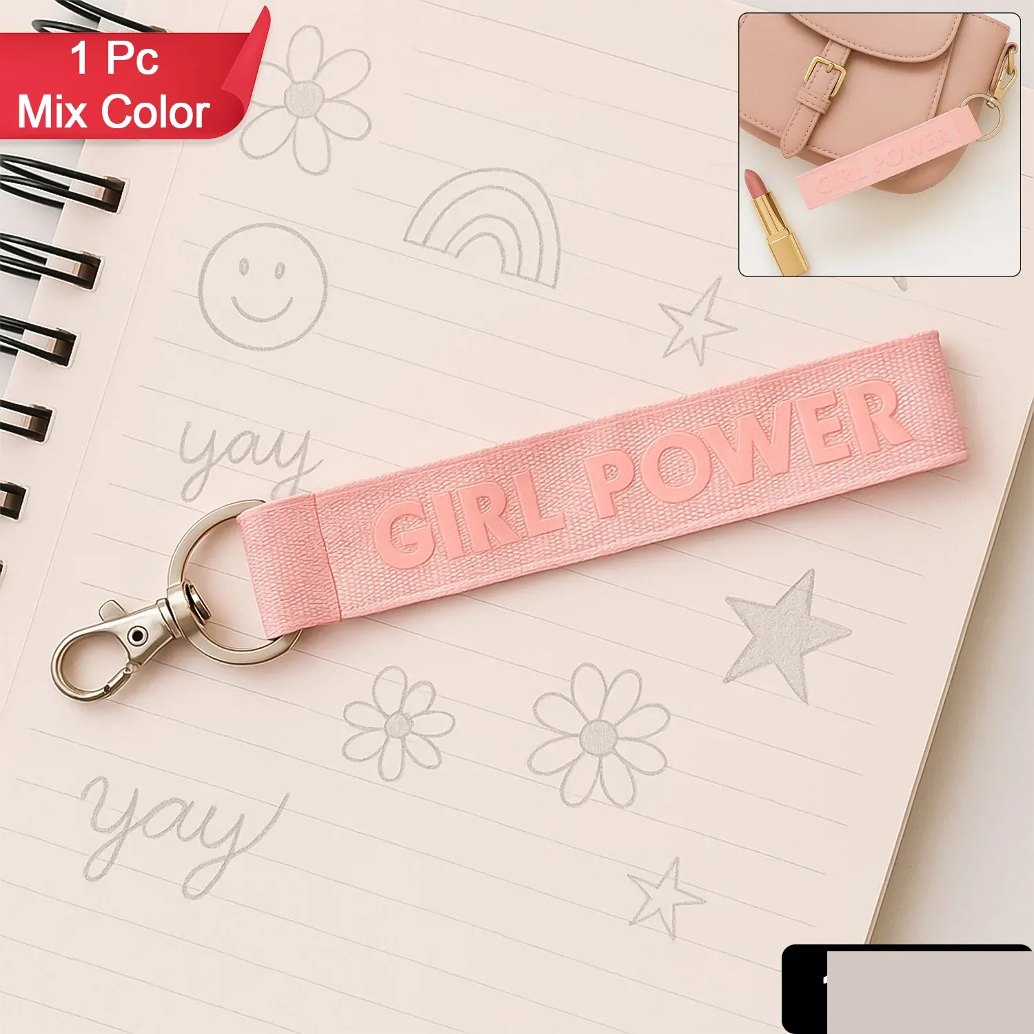 Girl Power Fabric Ribbon Keychain – Motivational & Durable Accessory - Detailed Feature View 1