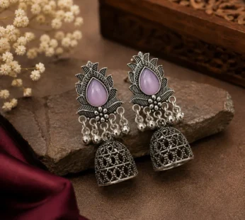 Premium Oxidised Silver-Plated Jhumka Earrings with Lavender Stone