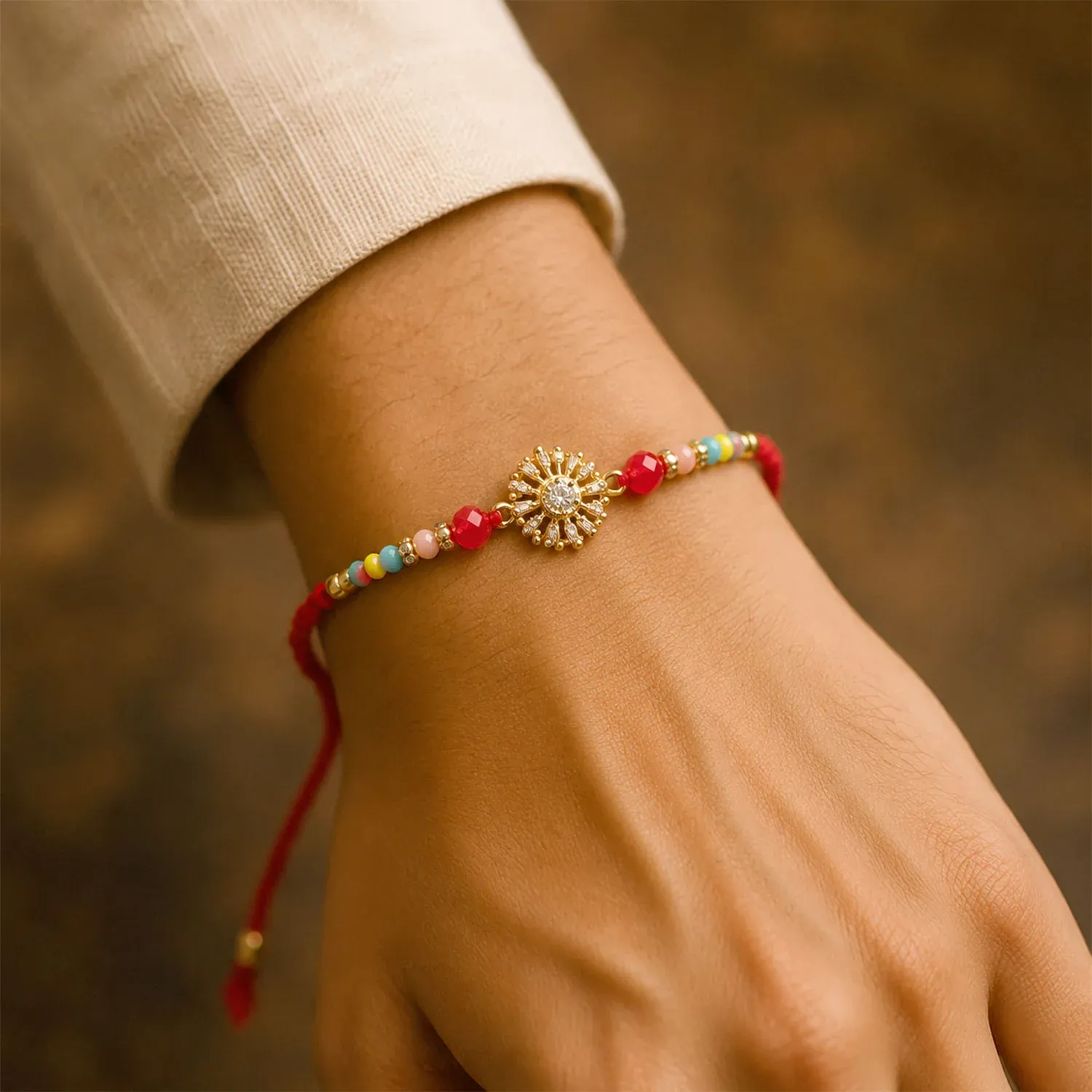 Sparkling AD Sunflower Designer Rakhi for Brother, Multicolour Beads - Detailed Feature View 3