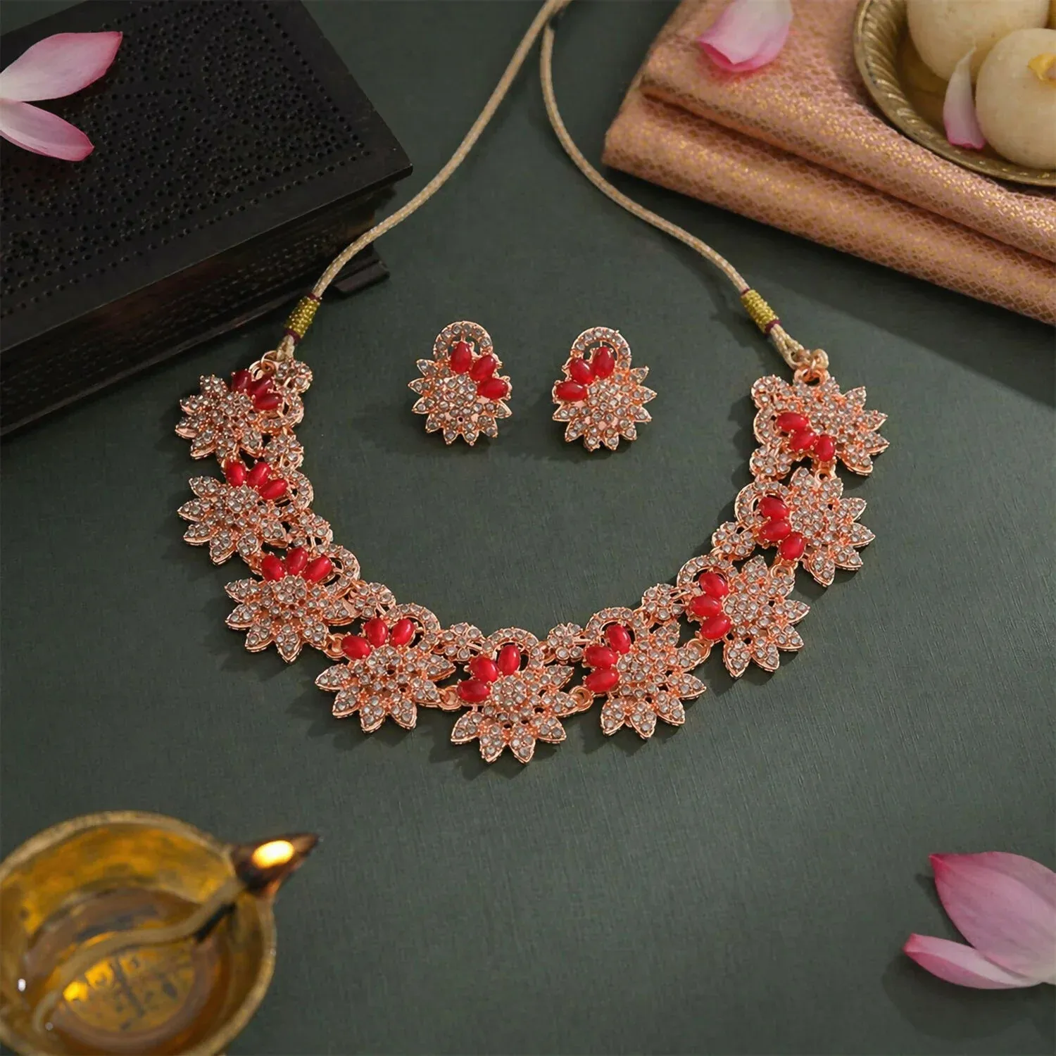 Red Stone Floral Necklace Set – Elegant Traditional Jewelry - Detailed Feature View 2