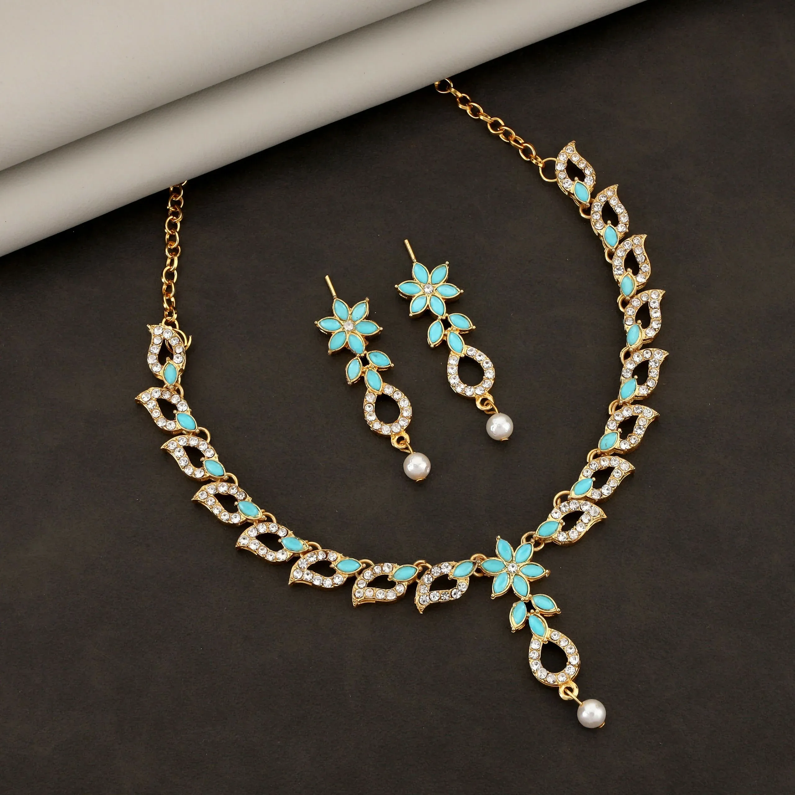 Premium Turquoise Necklace Set – Gold-Plated Floral Link Design - Buy Online at Alikart