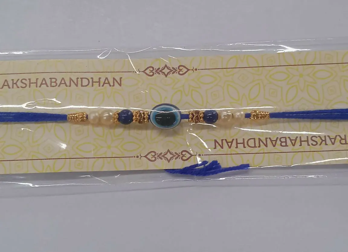 Blue Rakhi – Elegant Stone & Pearl Design for Brother - Detailed Feature View 4