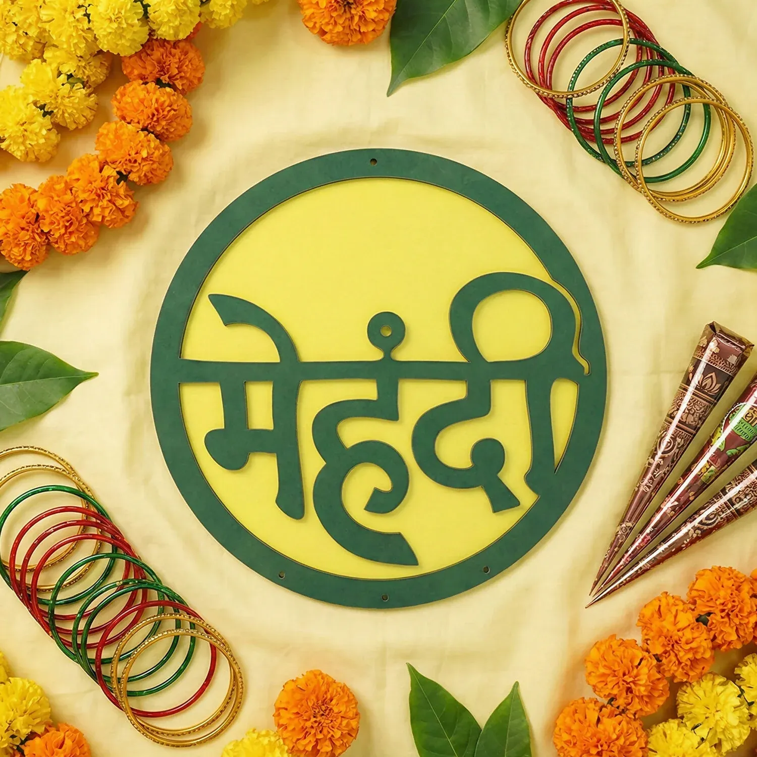 Mehendi Ceremony Wall Hanging – Green & Yellow Hindi Decor - Detailed Feature View 4