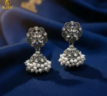 Silver Oxidized Floral Jhumka Earrings – Elegant Pearl Drops Design