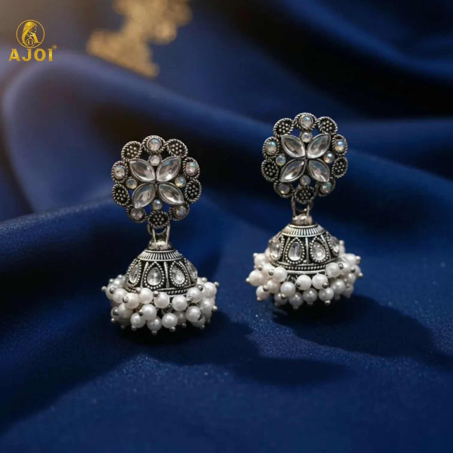 Premium Silver Oxidized Floral Jhumka Earrings – Elegant Pearl Drops Design - Buy Online at Alikart