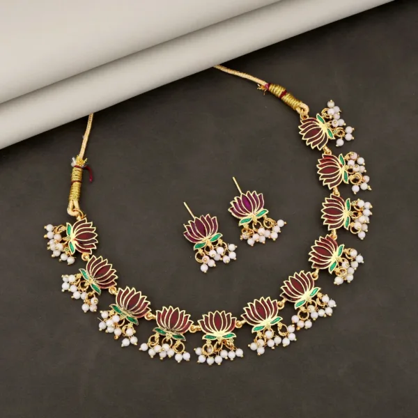Lotus Pearl Choker Set – Gold-Toned Enamel & Faux Pearls