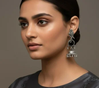 Owl Jhumka Earrings – Oxidized Silver with Black Stone Accent
