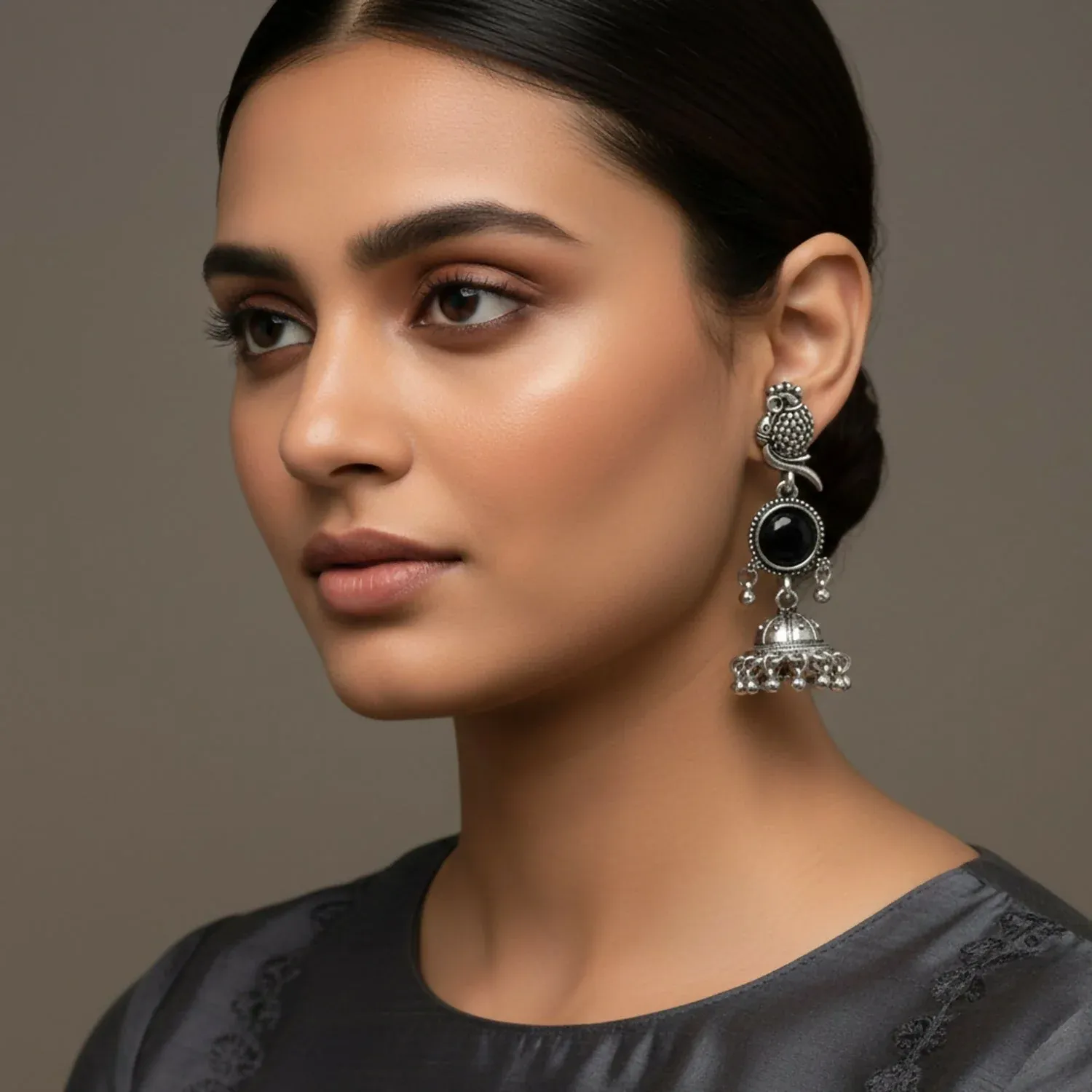 Premium Owl Jhumka Earrings – Oxidized Silver with Black Stone Accent - Buy Online at Alikart