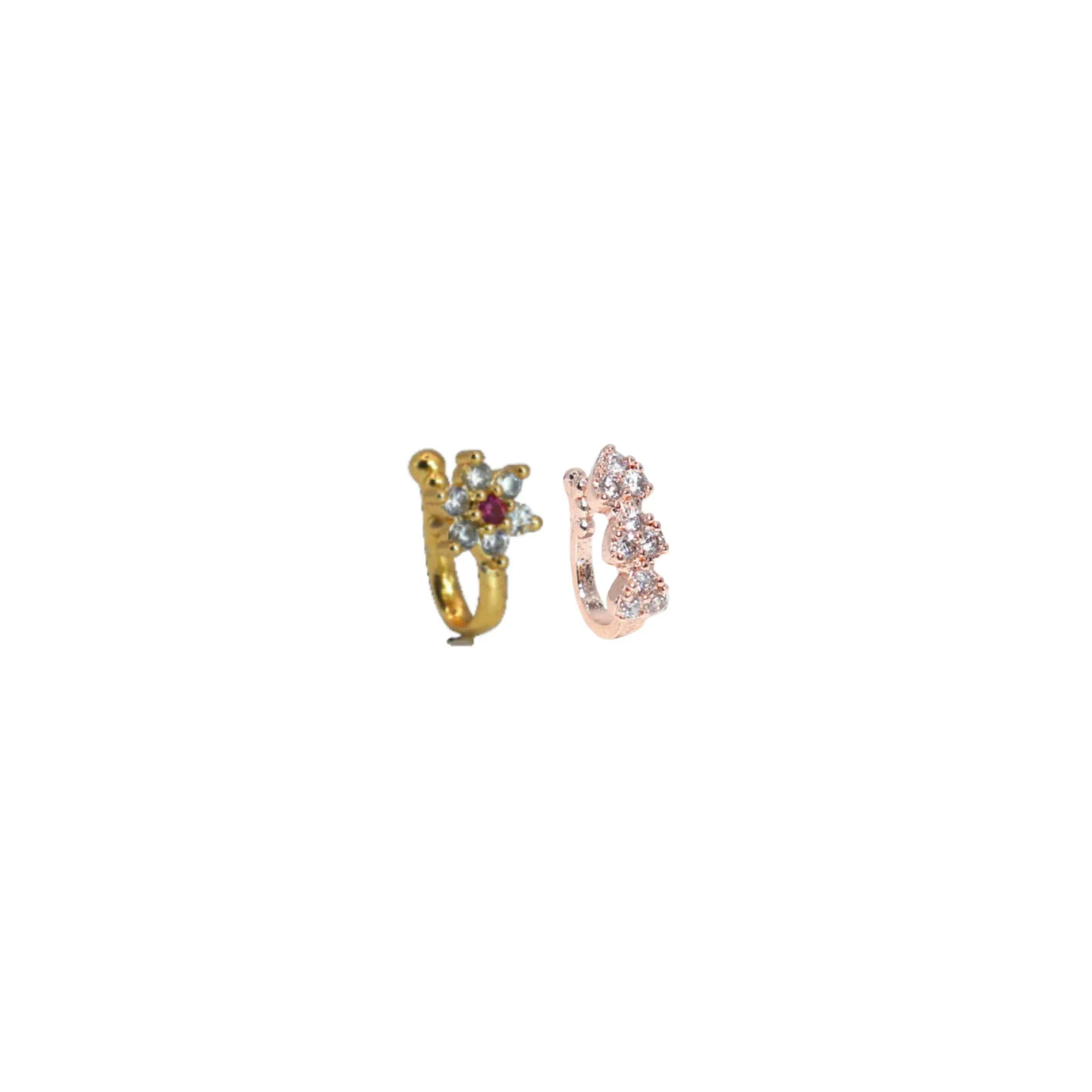 Triple Cluster No Piercing Nose Ring - Gold & Rose Gold Combo Pack - Detailed Feature View 1