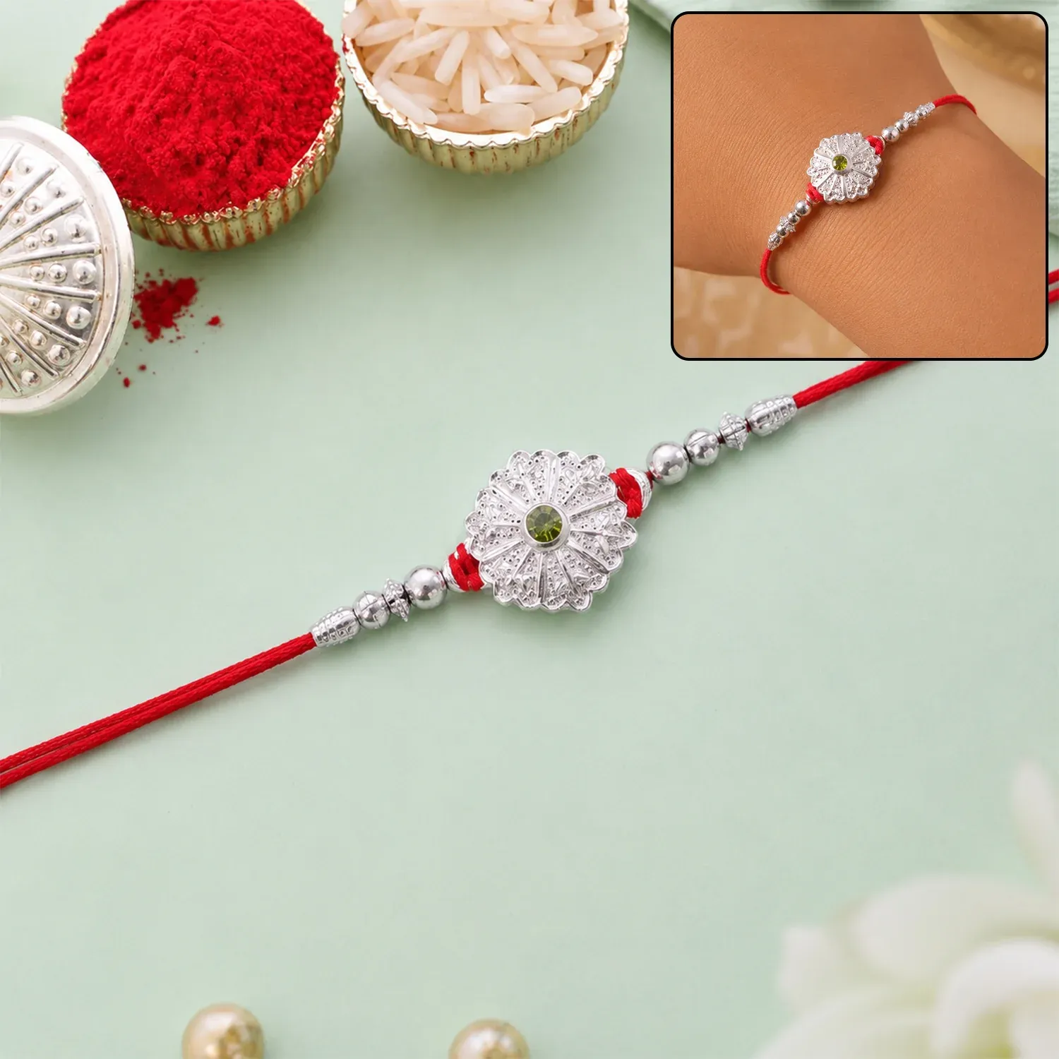 Premium Rakhi – Traditional Design with Beaded & Green Stone Accents - Buy Online at Alikart