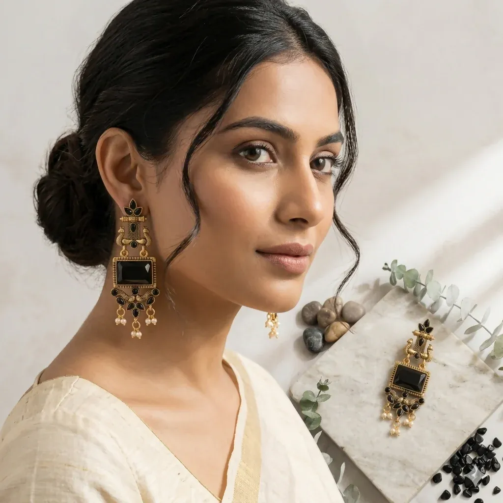 Traditional Pearl Drop Earrings – Elegant Ethnic Jewellery for Weddings - Detailed Feature View 2