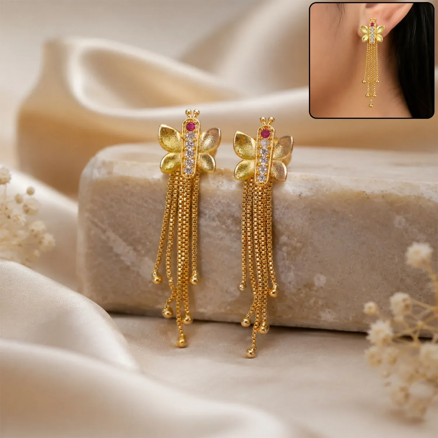 Premium Gold Insect-Shaped Dangle Earrings, Multi-Strand Chain Tassels & Fl... - Buy Online at Alikart