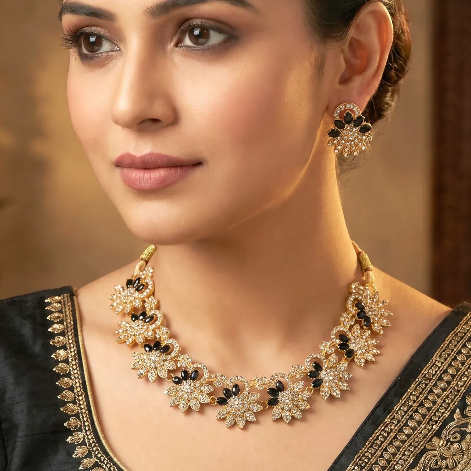 Black Stones Floral Necklace & Earrings Set – Elegant & Timeless - Detailed Feature View 2