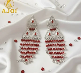 Ruby Red Designer Earrings – Layered Drop with Stone Detailing