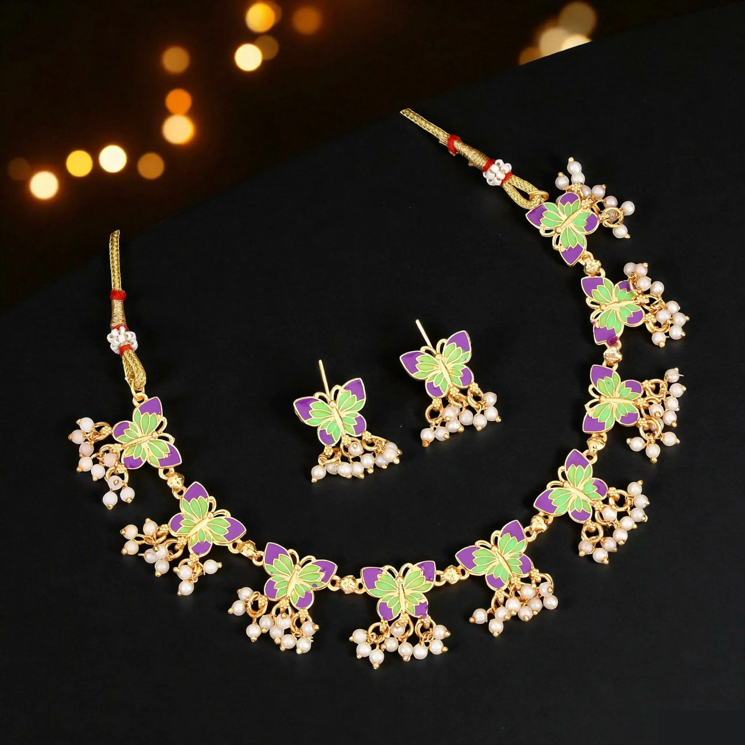 Butterfly Choker Necklace Set – Purple Green Enamel with Pearl Drops - Detailed Feature View 2