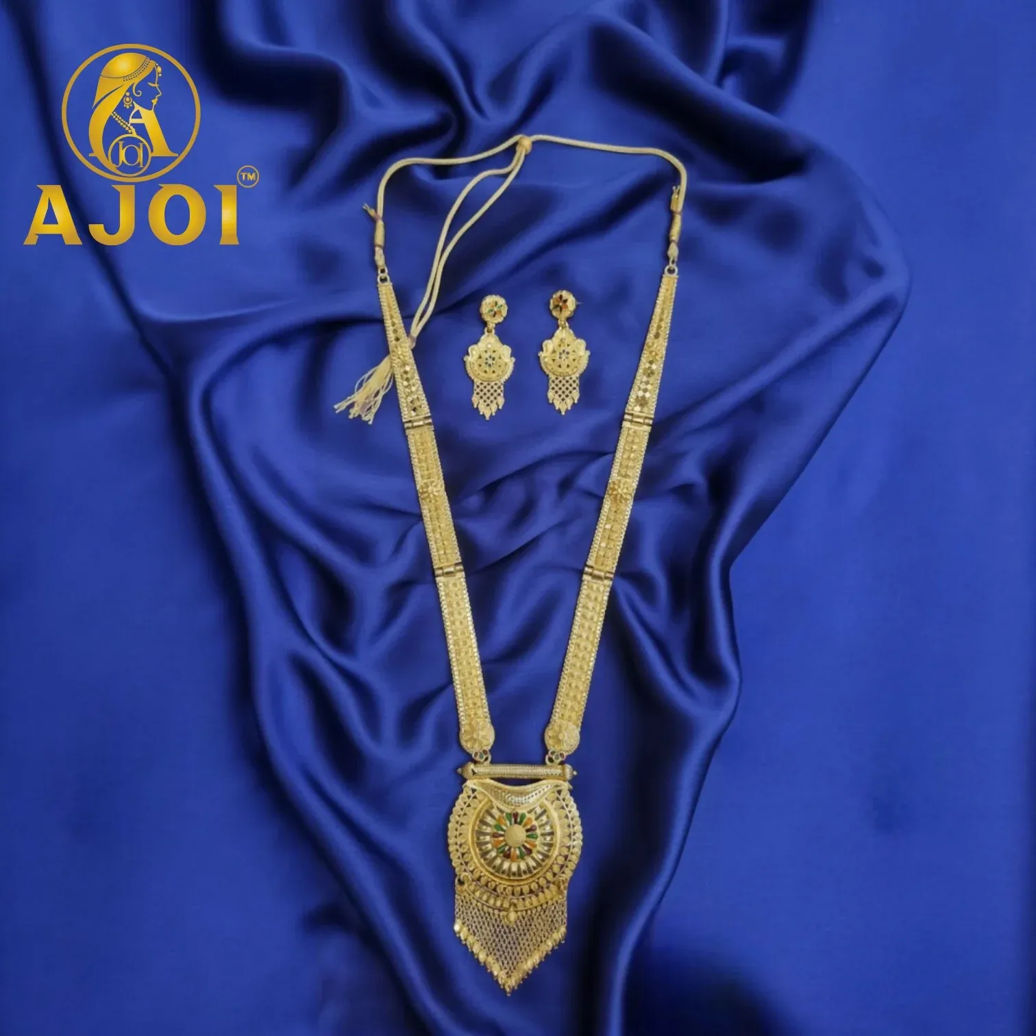 Royal Bloom Radiance Gold Tone Long Necklace Set – Elegant Festive Jewelry - Detailed Feature View 2