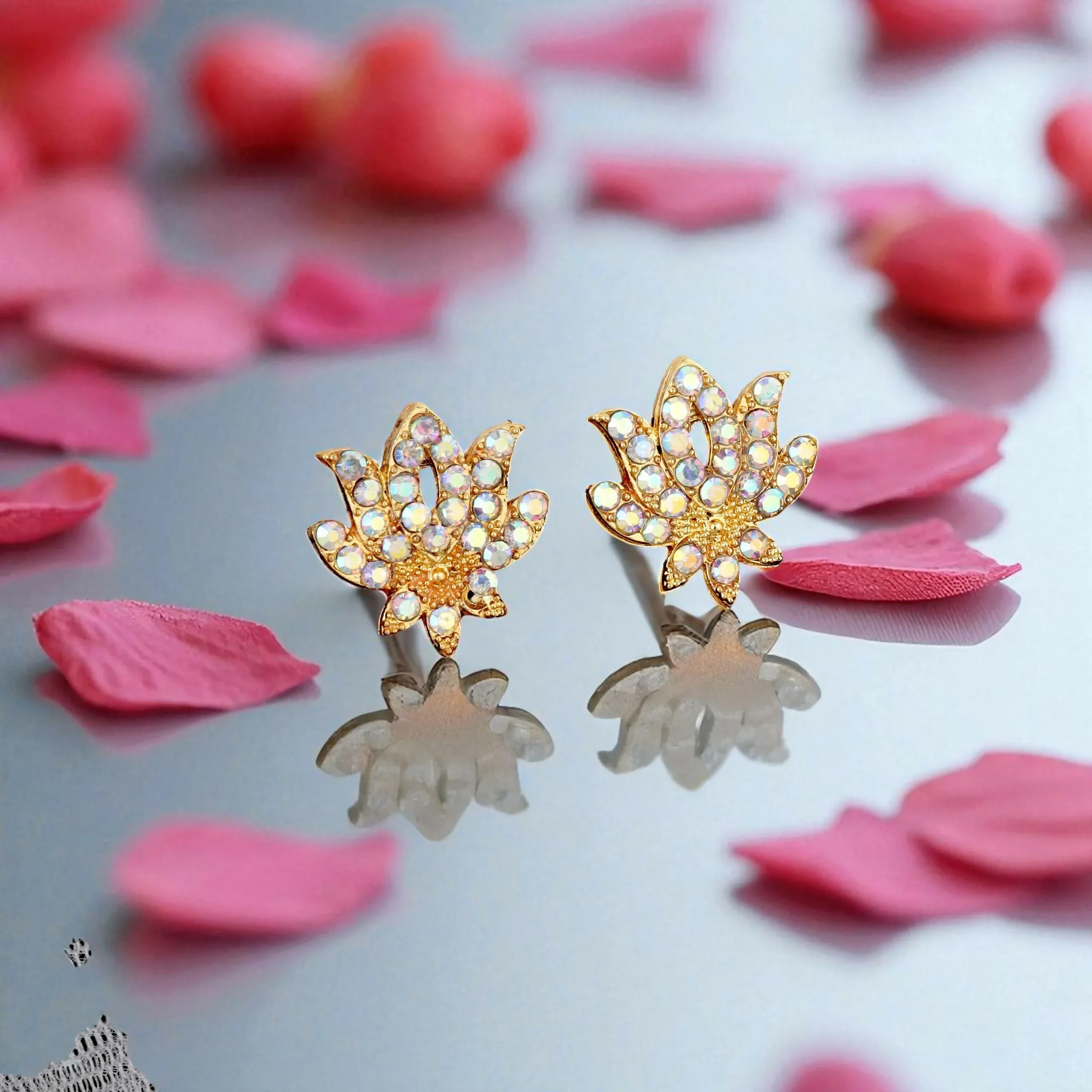 Lotus Necklace Set – Grand Gold-Toned American Diamond Jewellery - Detailed Feature View 3