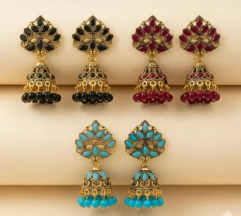 Traditional Matte Gold Jhumka Earrings Colorful Combo Pack Set of 3 Pairs for Women