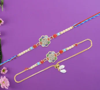 Bhai Bhabhi Rakhi Set – Elegant Floral & Pearls Design