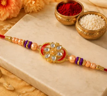 Oval Kundan Floral Stone-Studded Beaded Designer Rakhi for Brother